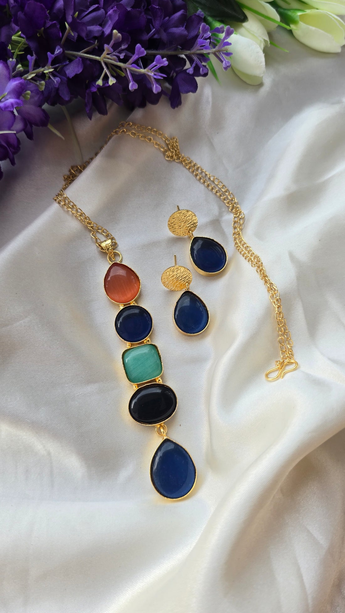 Handcrafted Multi-Shape Stone Pendant Necklace and Earrings Set