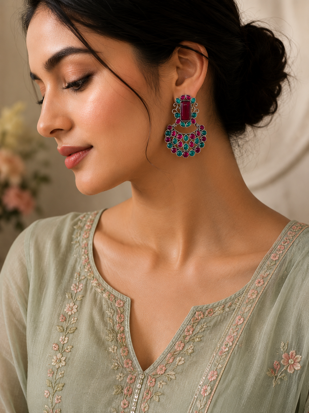 Vintage Oxidized Silver Drop Earrings with Maroon and Green Stone Accents