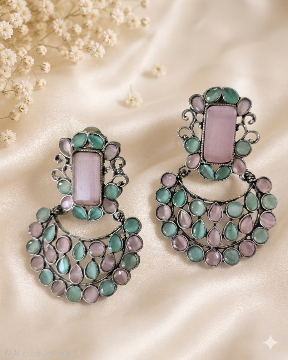 Vintage Oxidized Silver Drop Earrings with Maroon and Green Stone Accents
