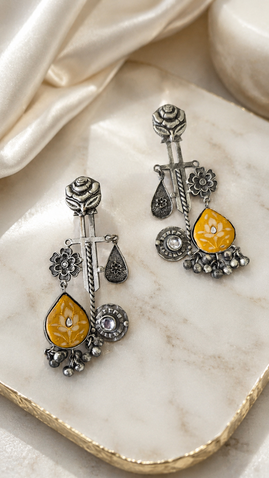 The Vintage Rose & Floral Drop Earrings in Oxidized Silver