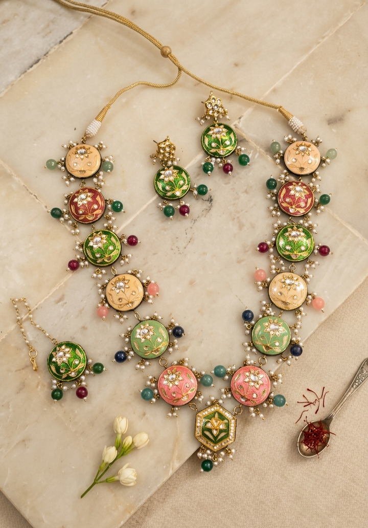 The Mehrunisa Hand-Painted Meenakari & Kundan Haar Set with Maang tika