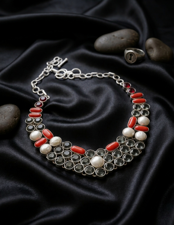 Handcrafted Silver Necklace with Red Coral, Pearls & Smokey Crystals (set only)