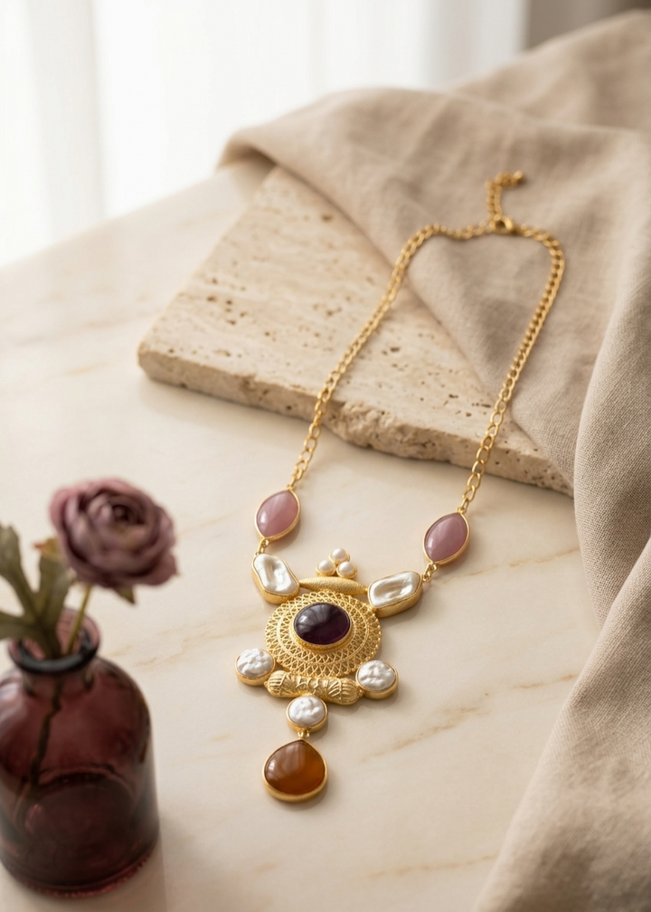 Royal Filigree Amethyst & Amber Statement Necklace with ear studs