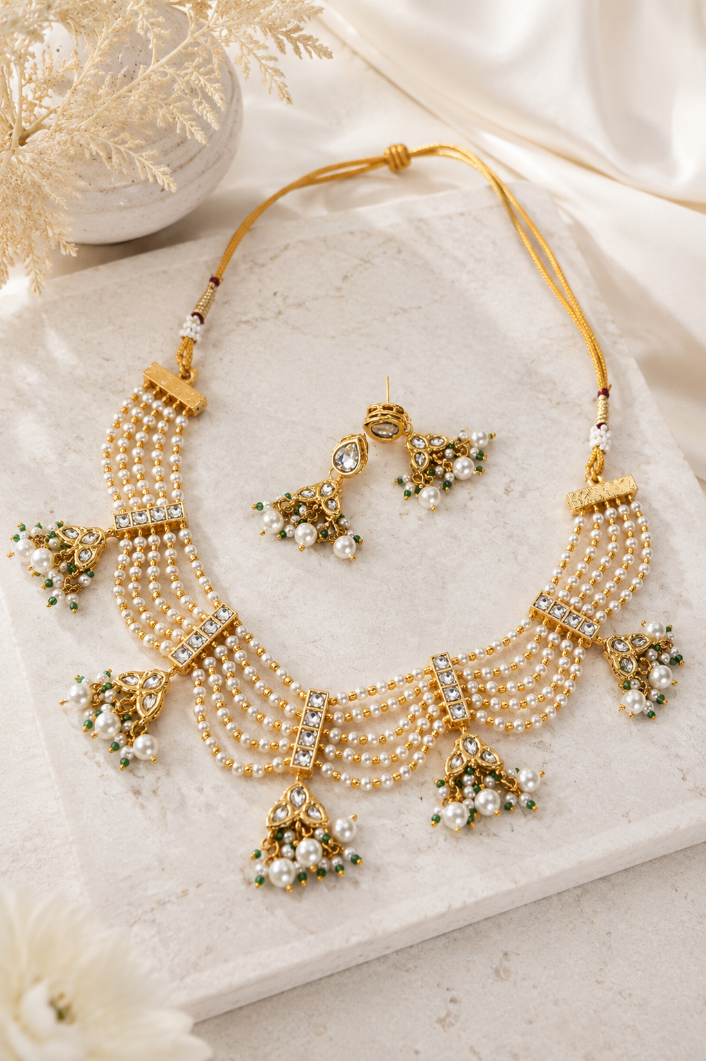 Royal Kundan & Multi-Layer Pearl Choker Necklace Set with Jhumka Earrings