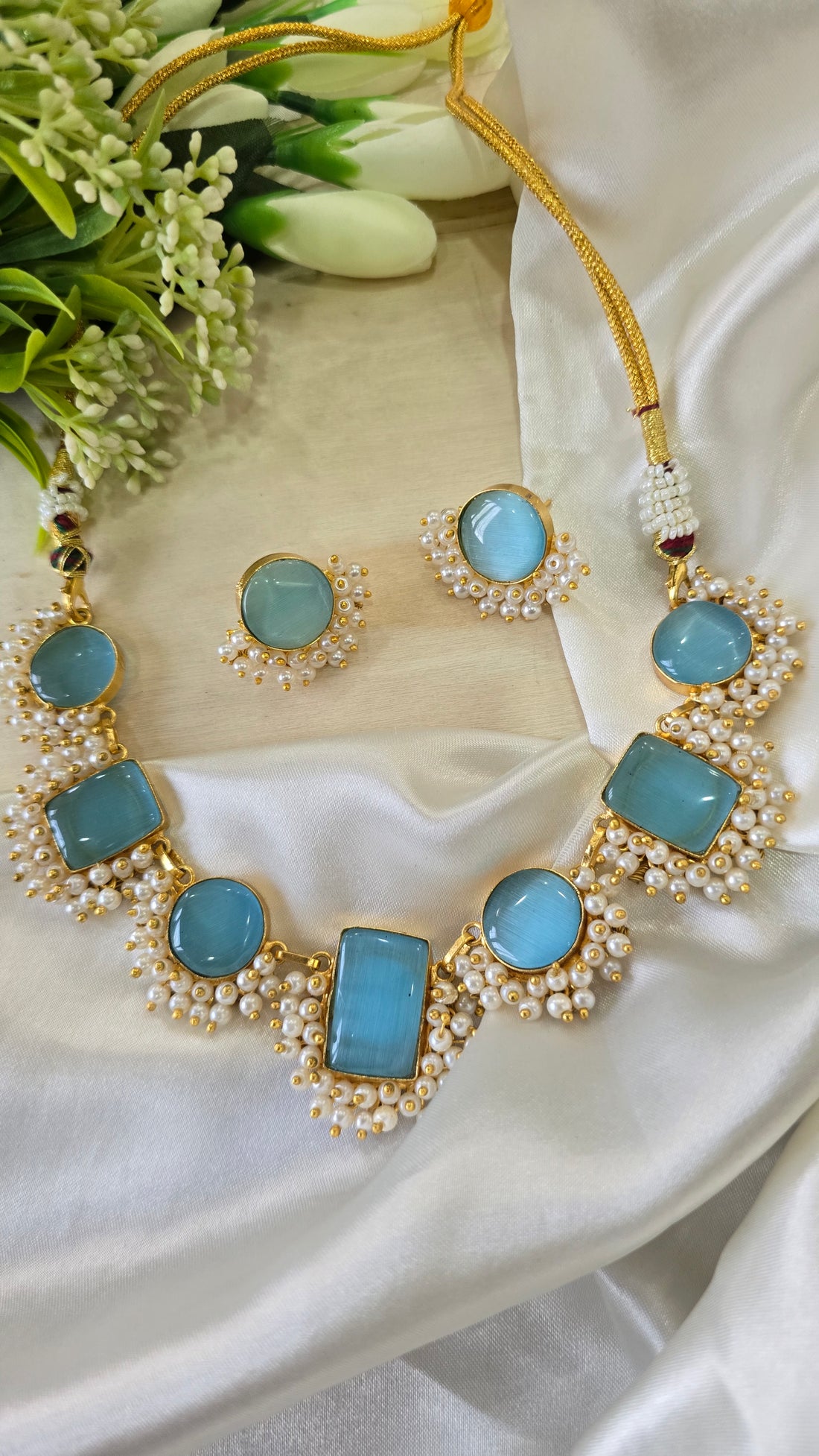 Pastel Blue Stone Necklace Set with Studs