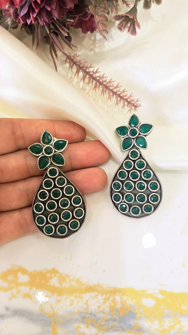 Emerald Green Floral Teardrop Oxidized Earrings
