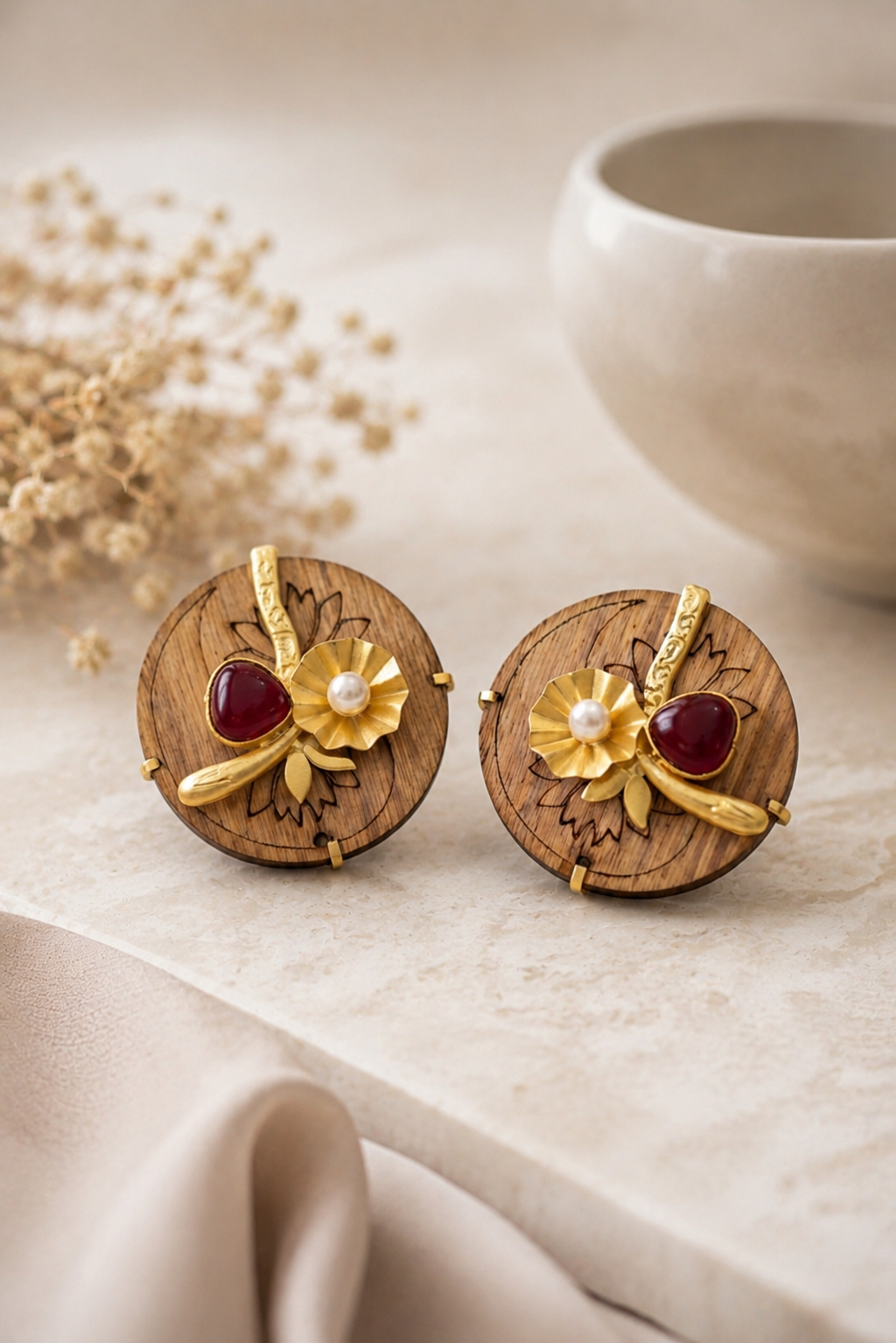 Handcrafted Wooden Stud Earrings with Gold Floral Accent, Pearl, and Emerald Green Cabochon