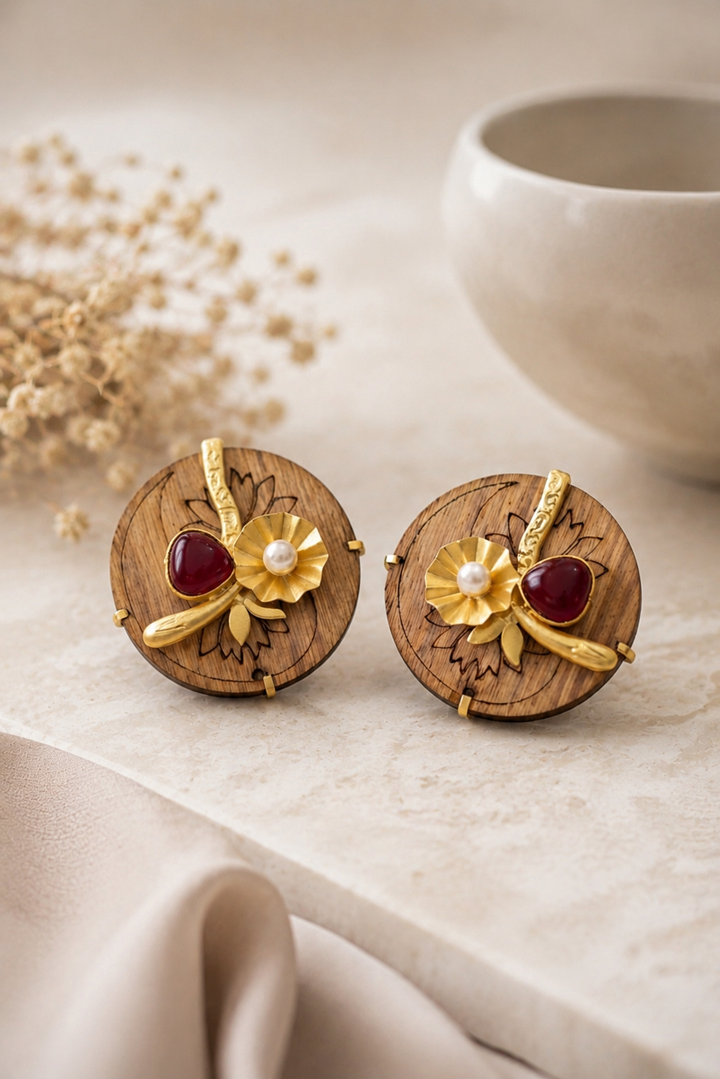 Handcrafted Wooden Stud Earrings with Gold Floral Accent, Pearl, and Emerald Green Cabochon