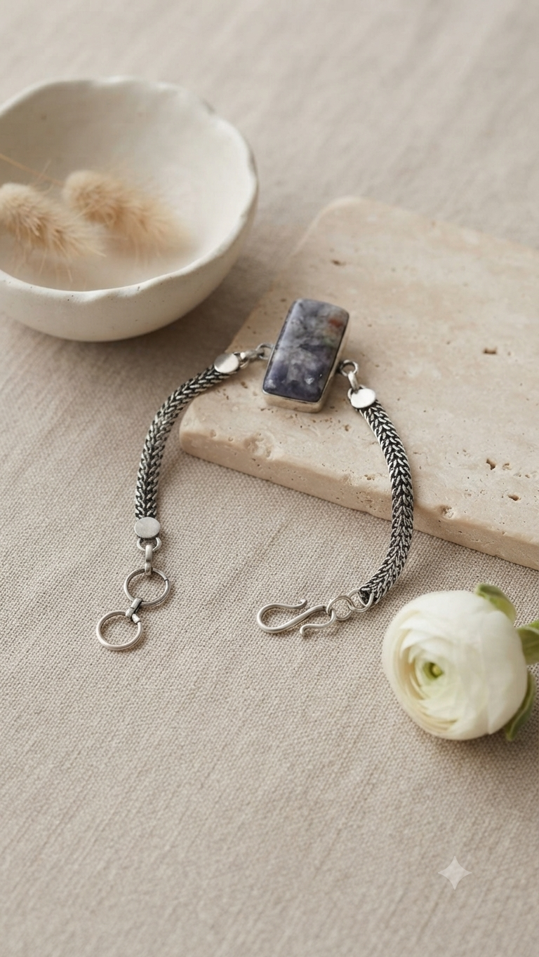 Artisan Oxidized Silver Foxtail Bracelet with Rectangular Gemstone