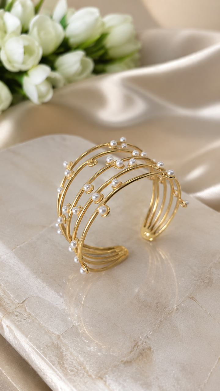 Pearl Cascade Gold Cuff Bracelet