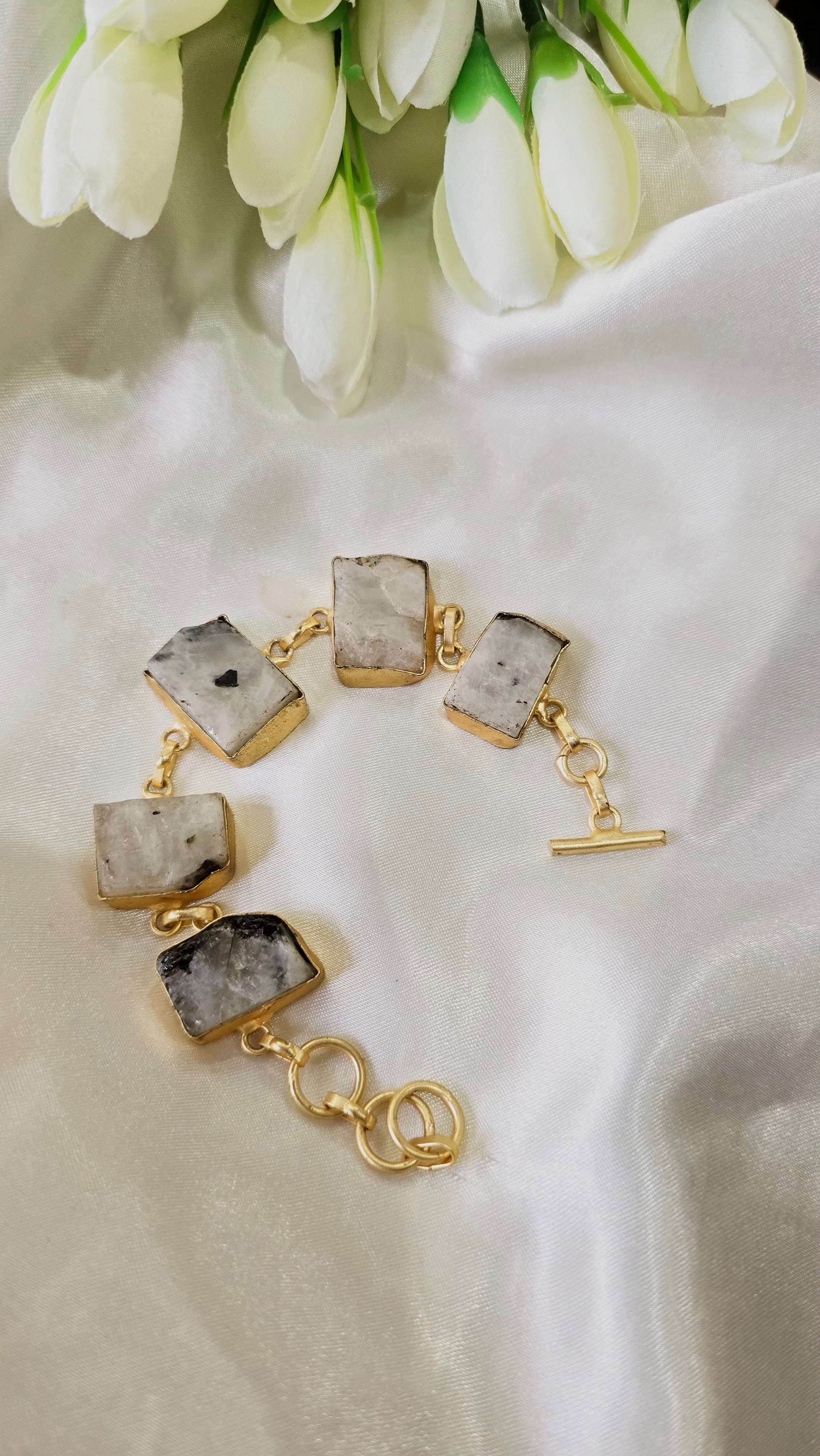 Raw Moonstone Gold Toggle Bracelet – Natural Rough Slice Stone Jewelry