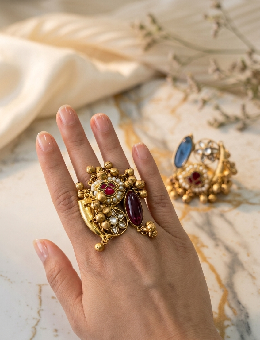 The Heritage Bloom Cocktail Ring: Handcrafted Gold, Red Stone, and Pearl Detail