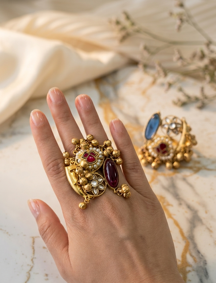 The Heritage Bloom Cocktail Ring: Handcrafted Gold, Red Stone, and Pearl Detail