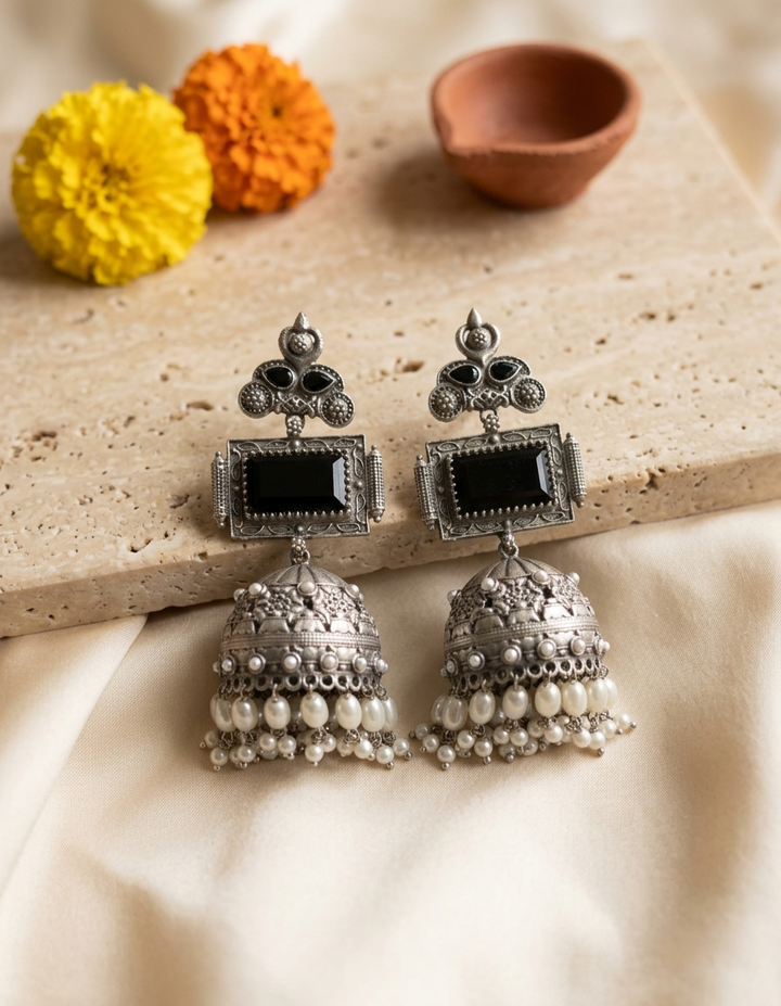 Oxidised Silver Black Onyx Stone Drop Jhumkas with Pearl Drops