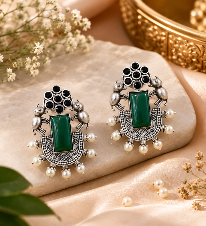 Noor emerald oxidised small earrings