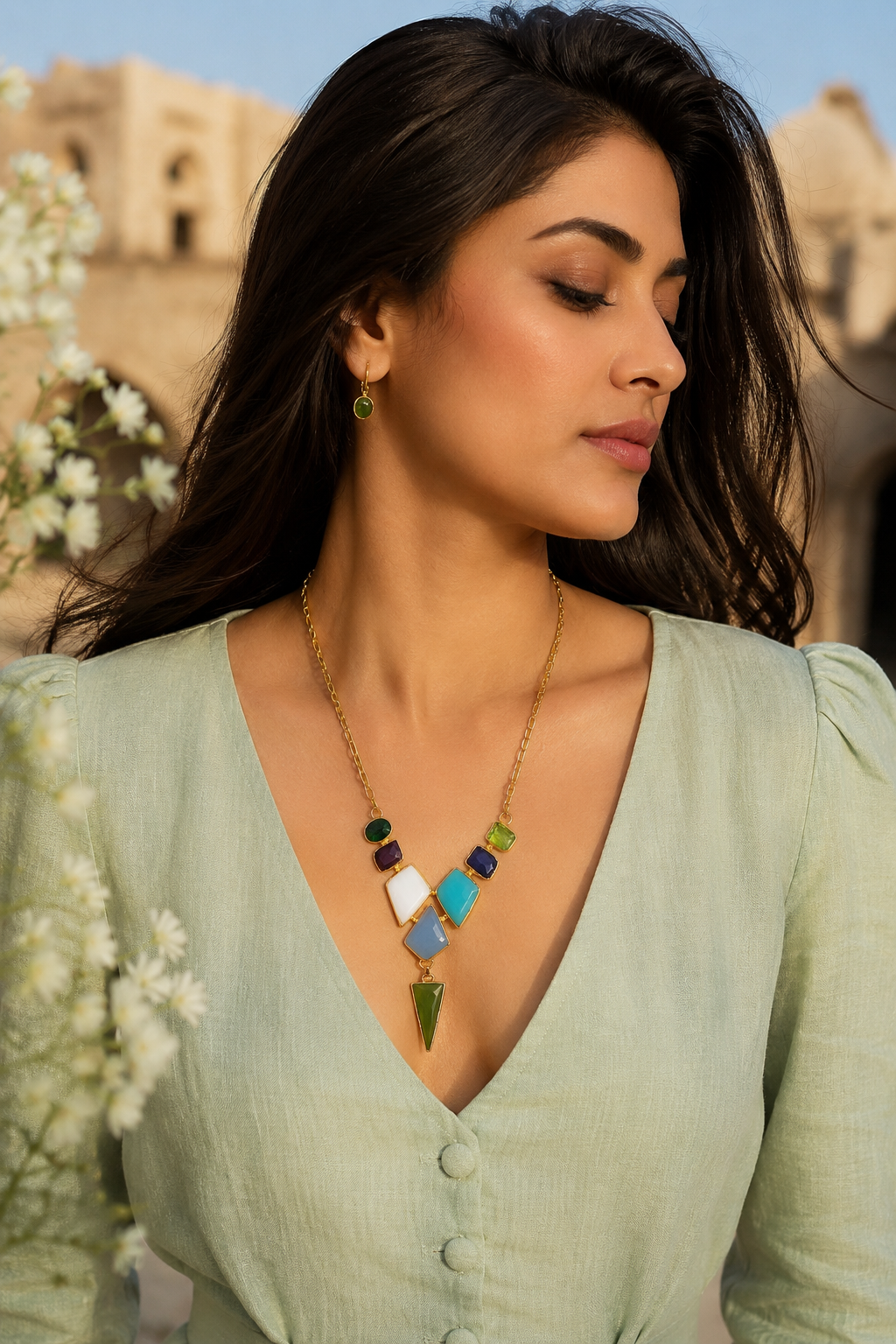Artisan Multi-Stone Geometric Statement Necklace