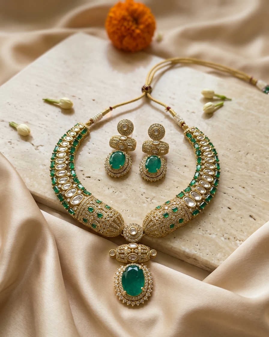 Royal Blue Kundan Choker Necklace and Earring Set with Antique Gold Finish