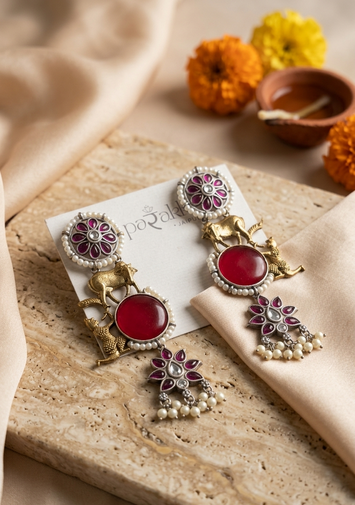 Dual-Tone Kamdhenu Pichwai Motif Black Stone Drop Earrings with Pearl Accents