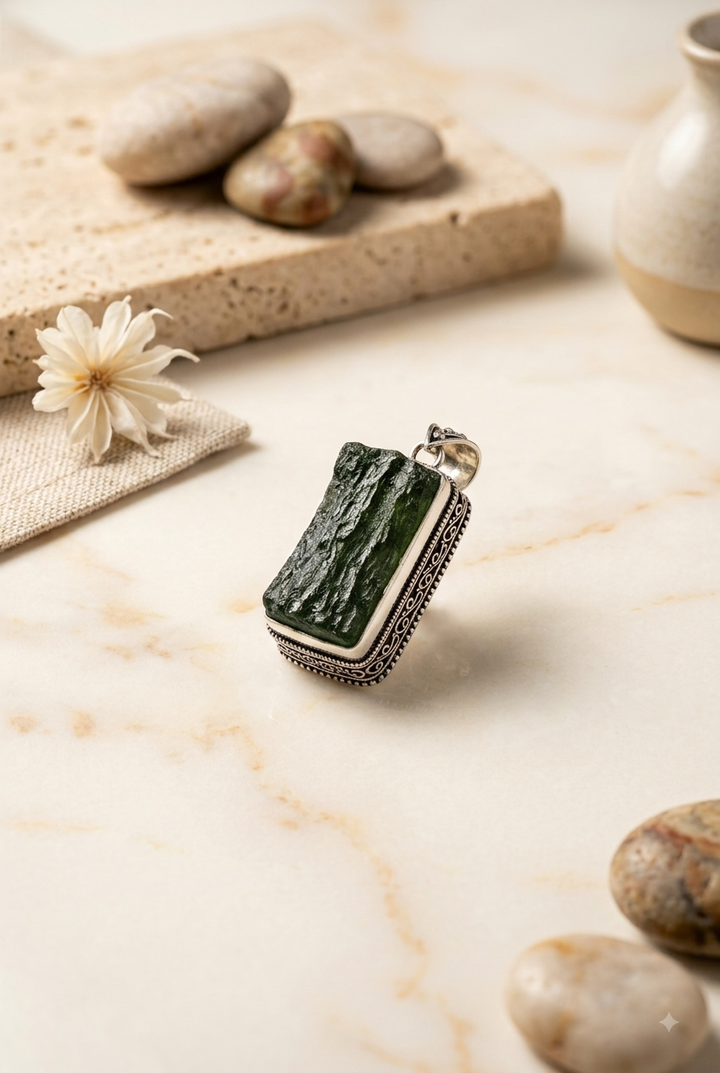 Raw Moldavite Silver Pendant