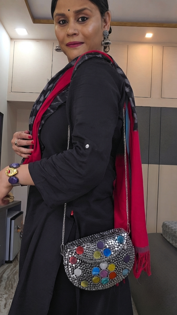 Artisanal Multi-Color Geometric Stone & Studded Clutch with Chain Strap – [Medium]