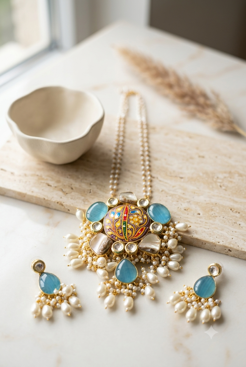 Handcrafted Meenakari Floral Pendant Necklace Set with Cat’s Eye Stones & Pearl Droplets