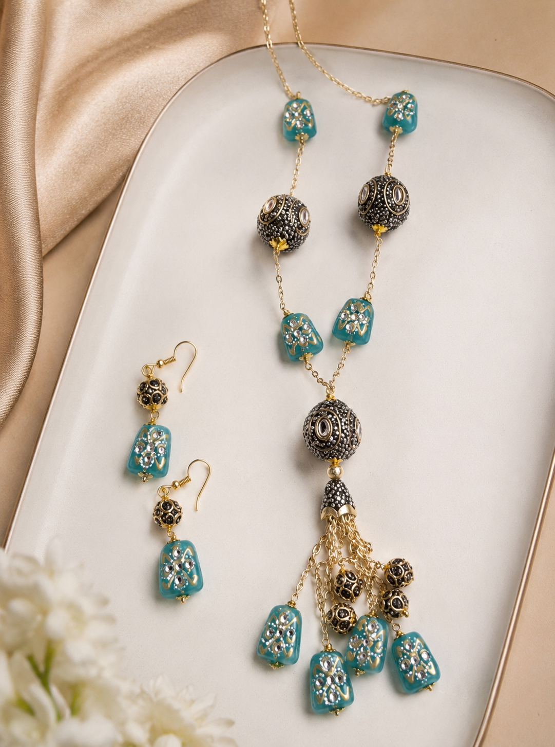 Long Bohemian Aqua Blue Bead Dori Necklace with Earrings