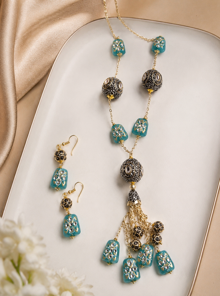 Long Bohemian Aqua Blue Bead Dori Necklace with Earrings