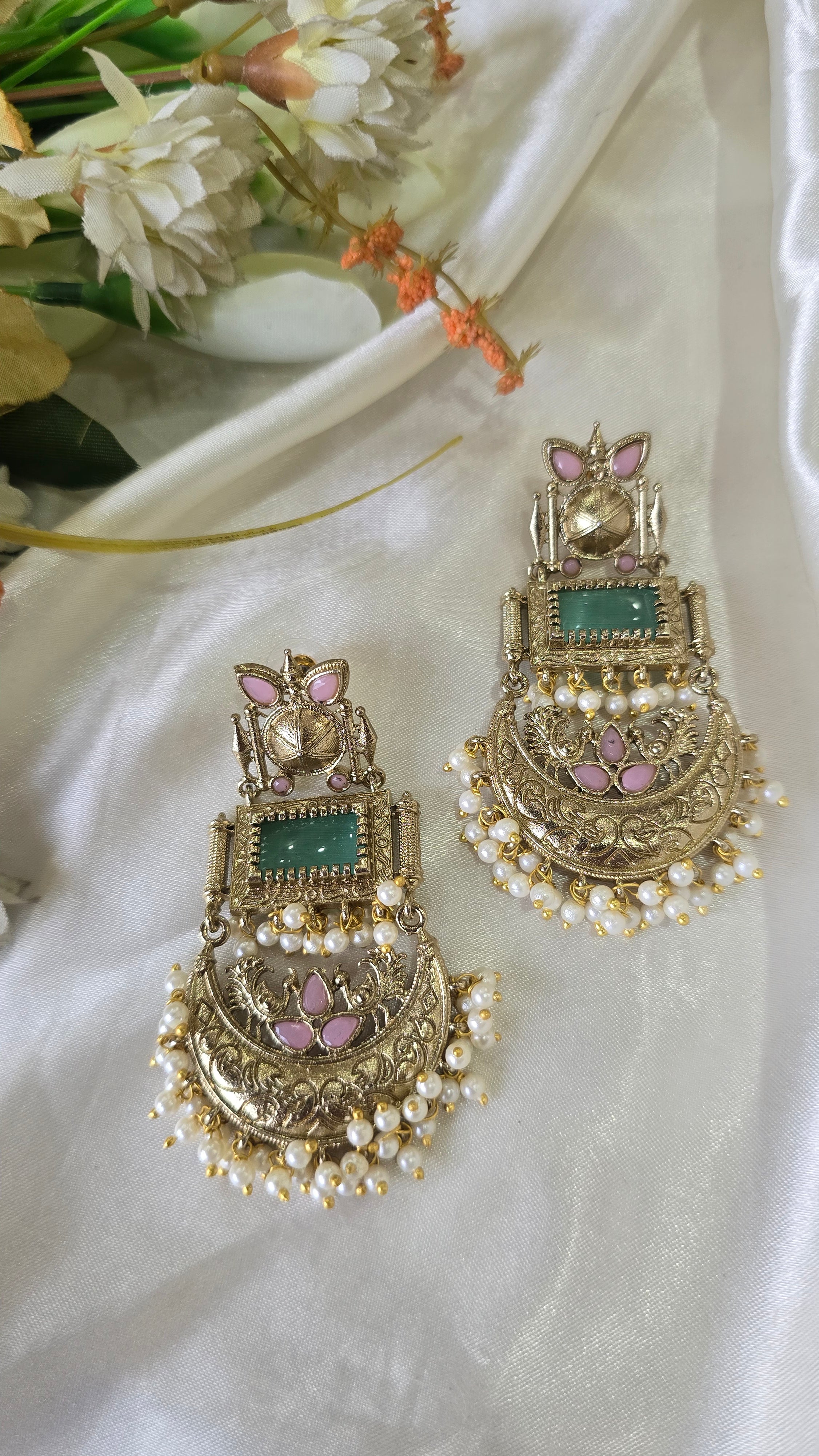 Traditional Gold-Plated Chandbali Earrings with Ruby Red Square Stones and Emerald Green Highlights