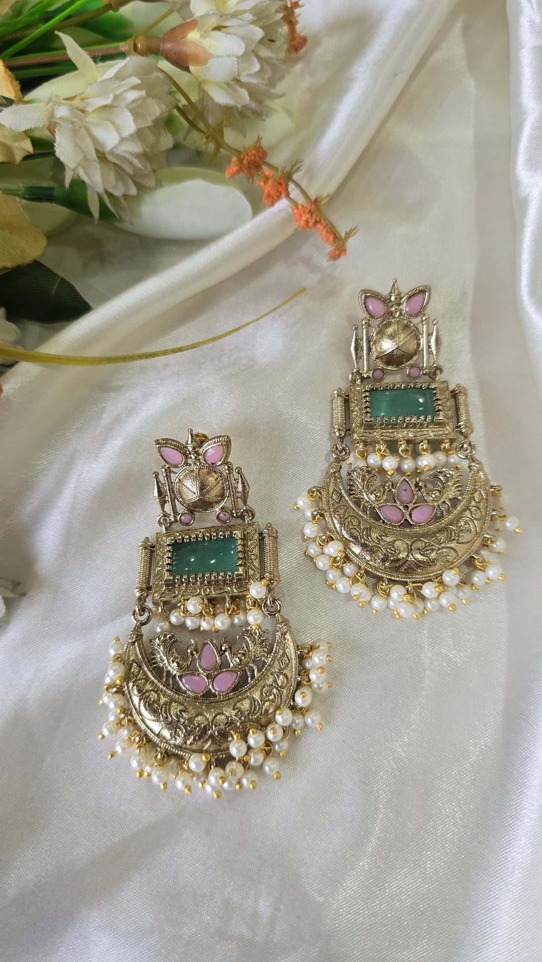 Traditional Gold-Plated Chandbali Earrings with Ruby Red Square Stones and Emerald Green Highlights