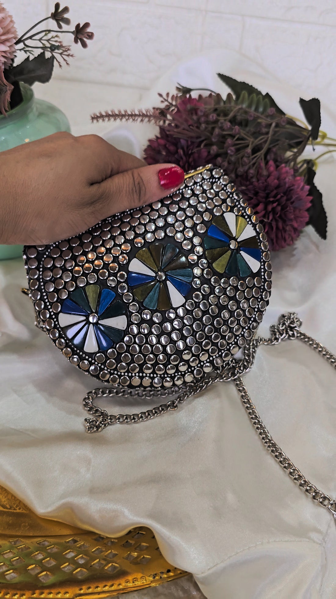 Artisanal Multi-Color Geometric Stone & Studded Clutch with Chain Strap – [Small]