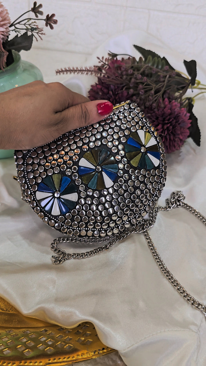 Artisanal Multi-Color Geometric Stone & Studded Clutch with Chain Strap – [Small]