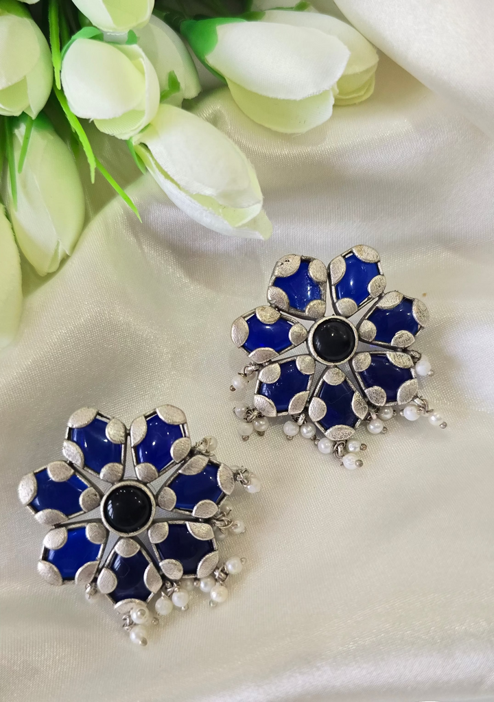 Blue Floral Enamel Stud Earrings with Black Center and Pearl Accents
