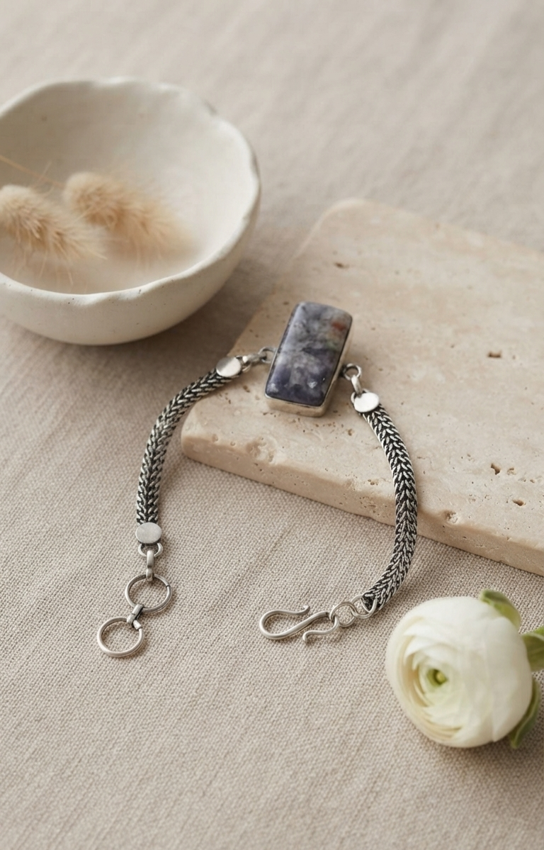 Artisan Oxidized Silver Foxtail Bracelet with Rectangular Gemstone