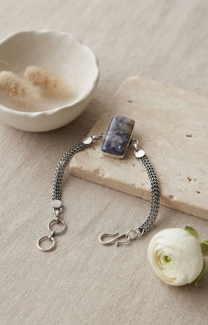 Artisan Oxidized Silver Foxtail Bracelet with Rectangular Gemstone
