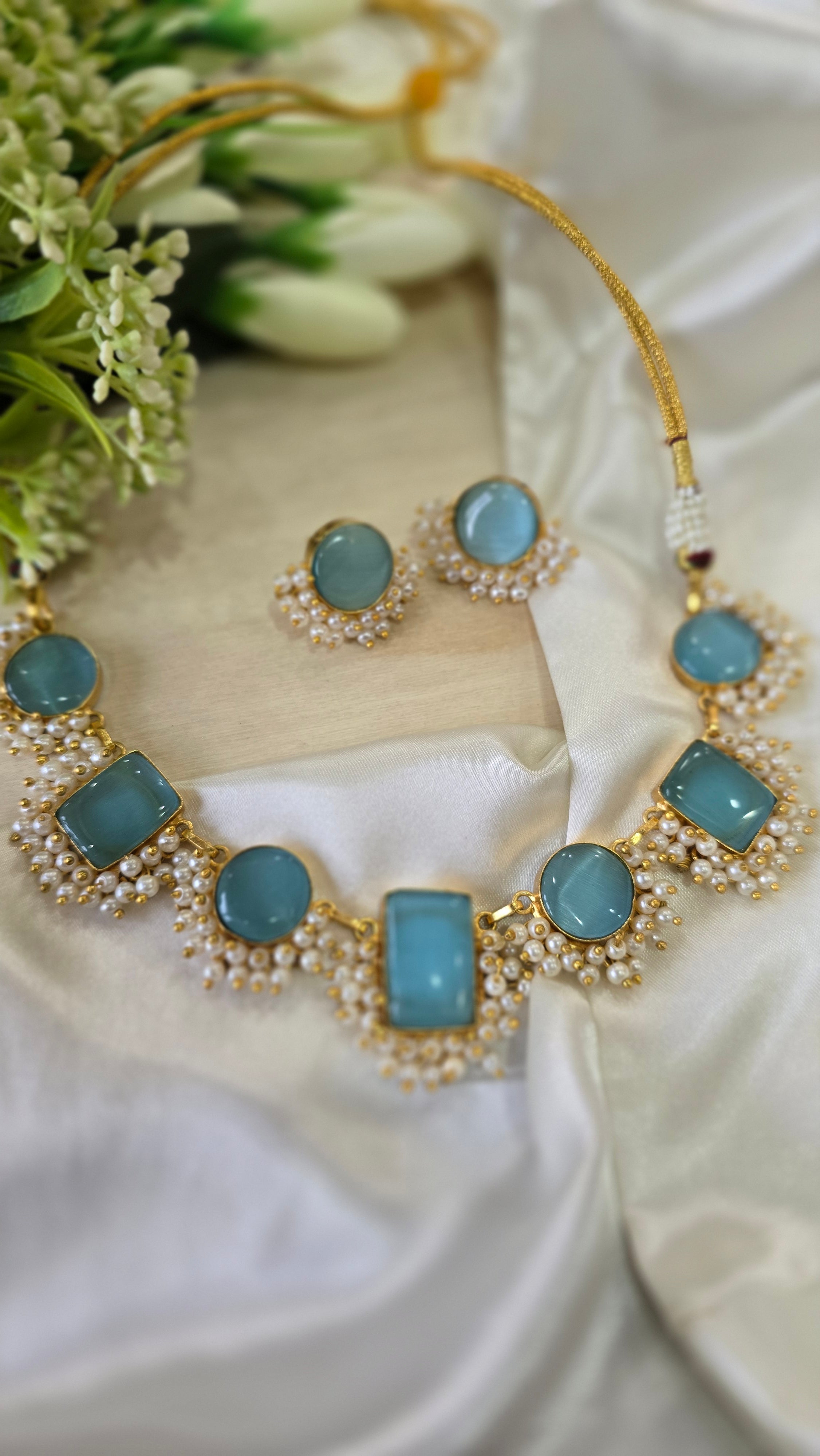 Pastel Blue Stone Necklace Set with Studs