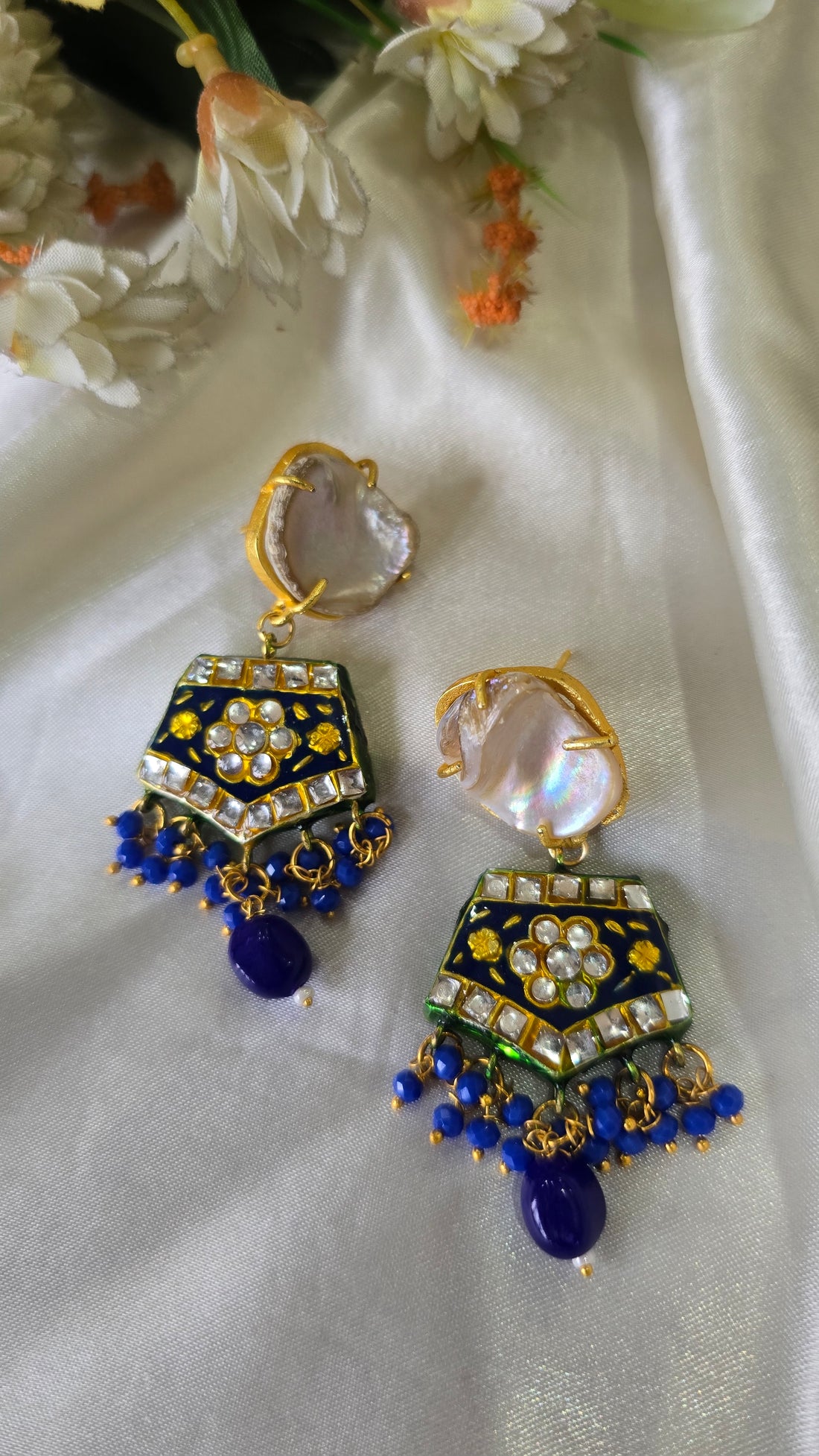 Handcrafted Peach Meenakari Earrings with Baroque Pearls and Kundan