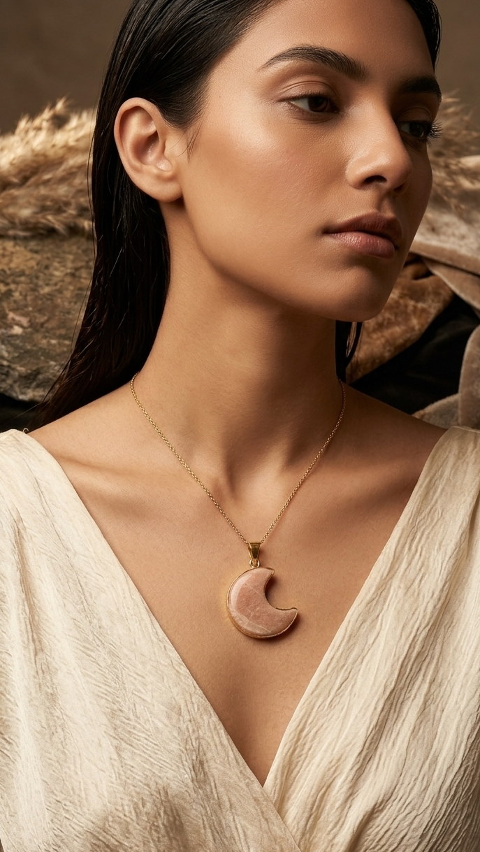 Gold-Plated Crescent Moon Crystal Pendant – [Peach Moonstone] Charm