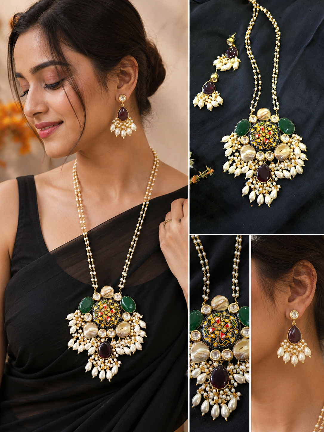 Handcrafted Meenakari Floral Pendant Necklace Set with Cat’s Eye Stones & Pearl Droplets