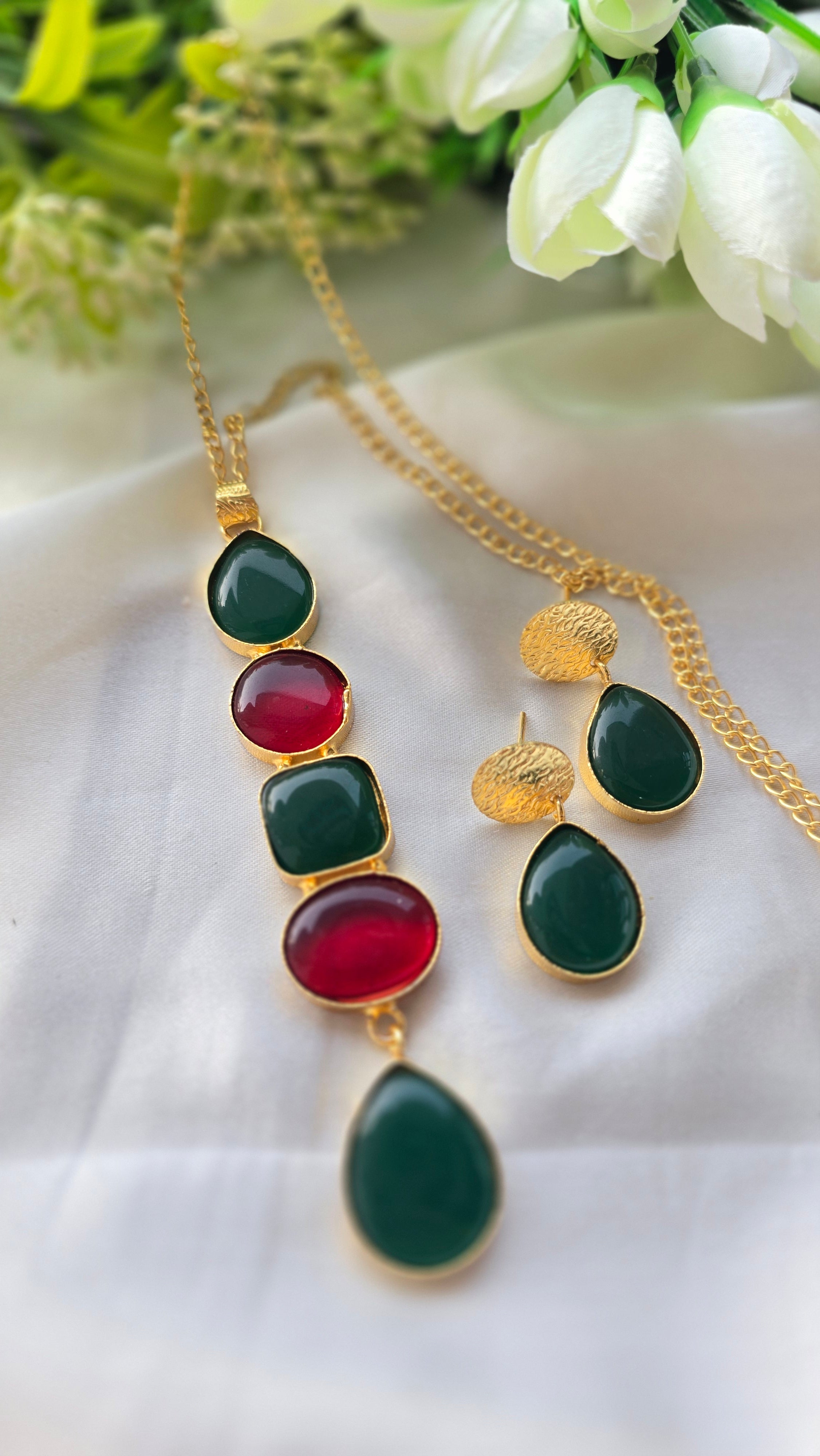 Handcrafted Multi-Shape Stone Pendant Necklace and Earrings Set
