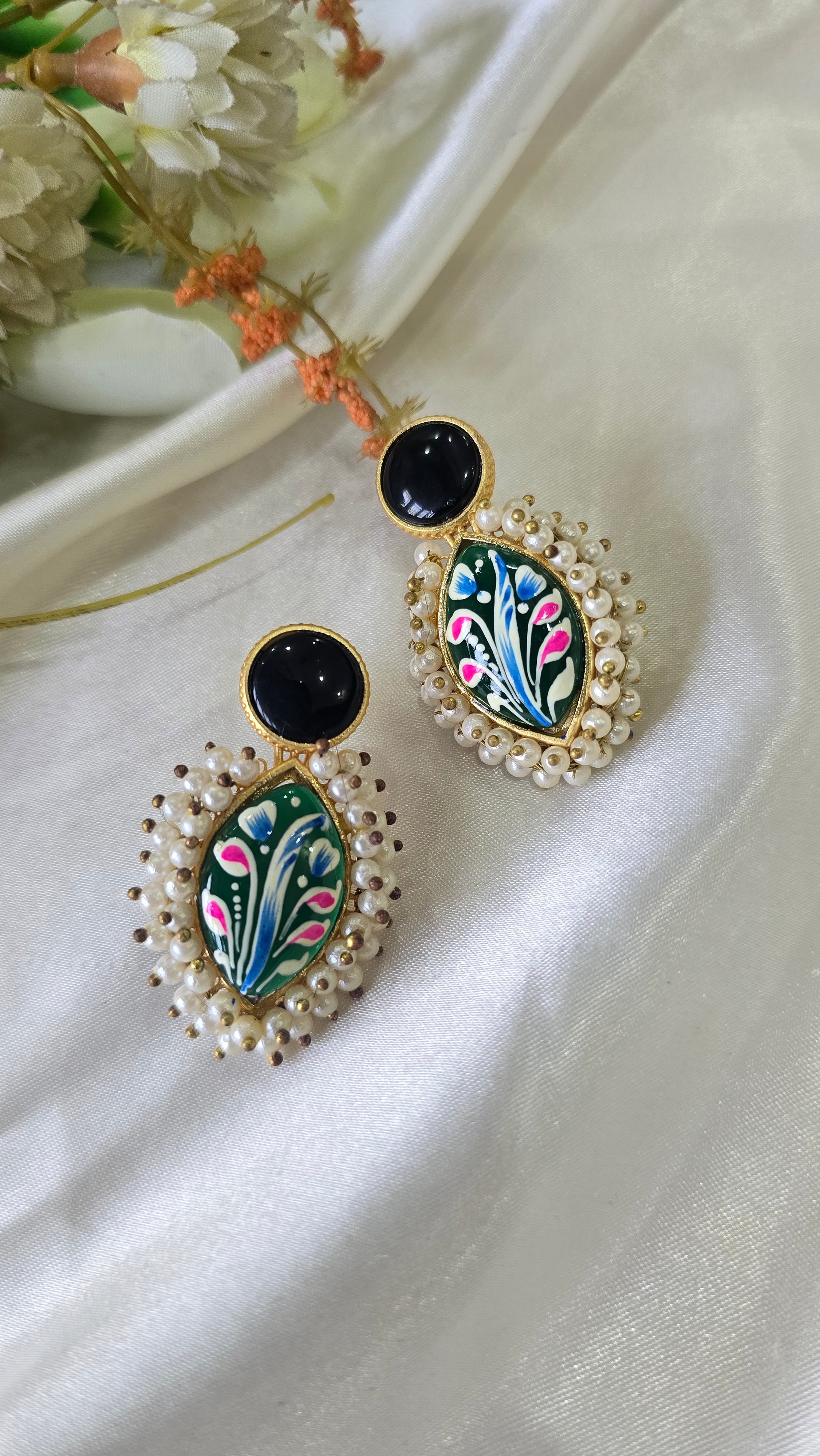 Vintage-Style Hand-Painted Enamel Studs with Pearl Clusters and Ruby-Red Stones