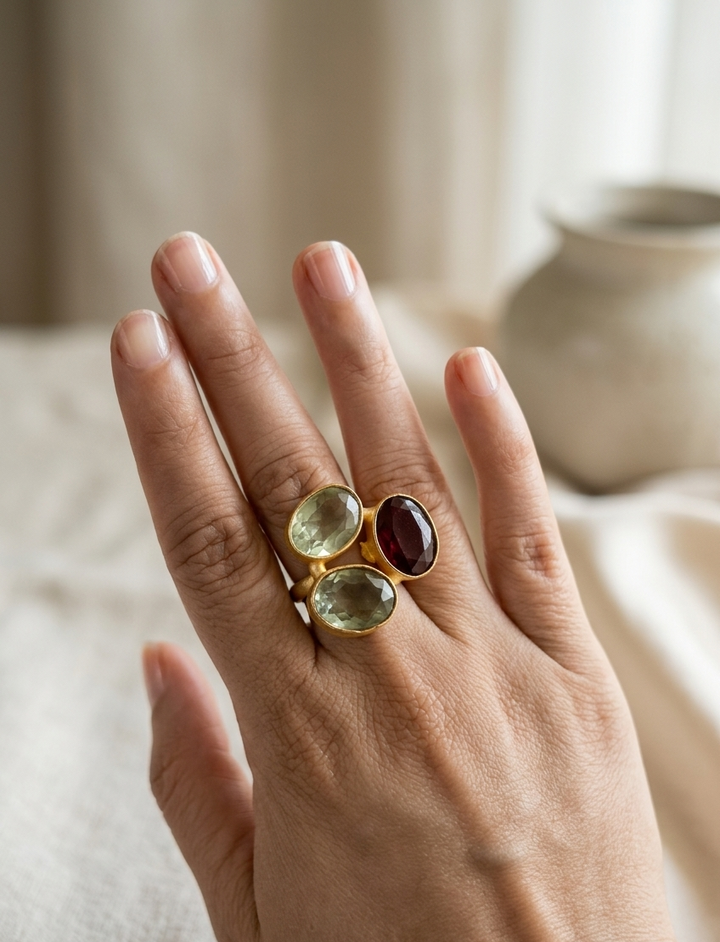 Three-Stone Botanical Cocktail Ring in Matte Gold