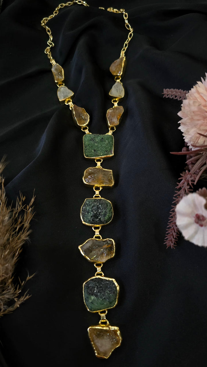 The Earth & Aura Cascade: Raw Emerald and Citrine Statement Necklace