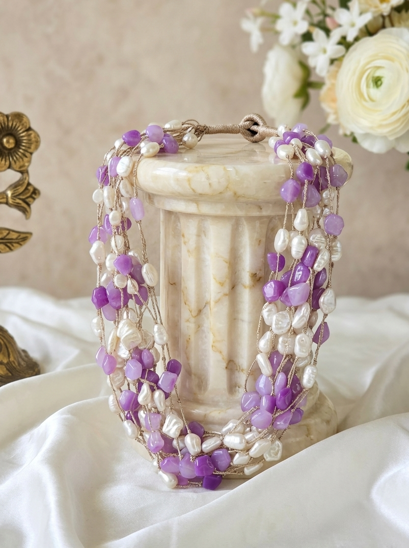 Handcrafted Multi-Strand Baroque Pearl & Semi-Precious Stone Statement Necklace