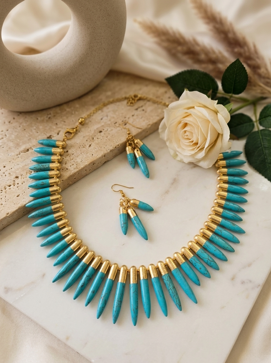 Gold-Capped Turquoise Spike Statement Necklace and Drop Earring Set