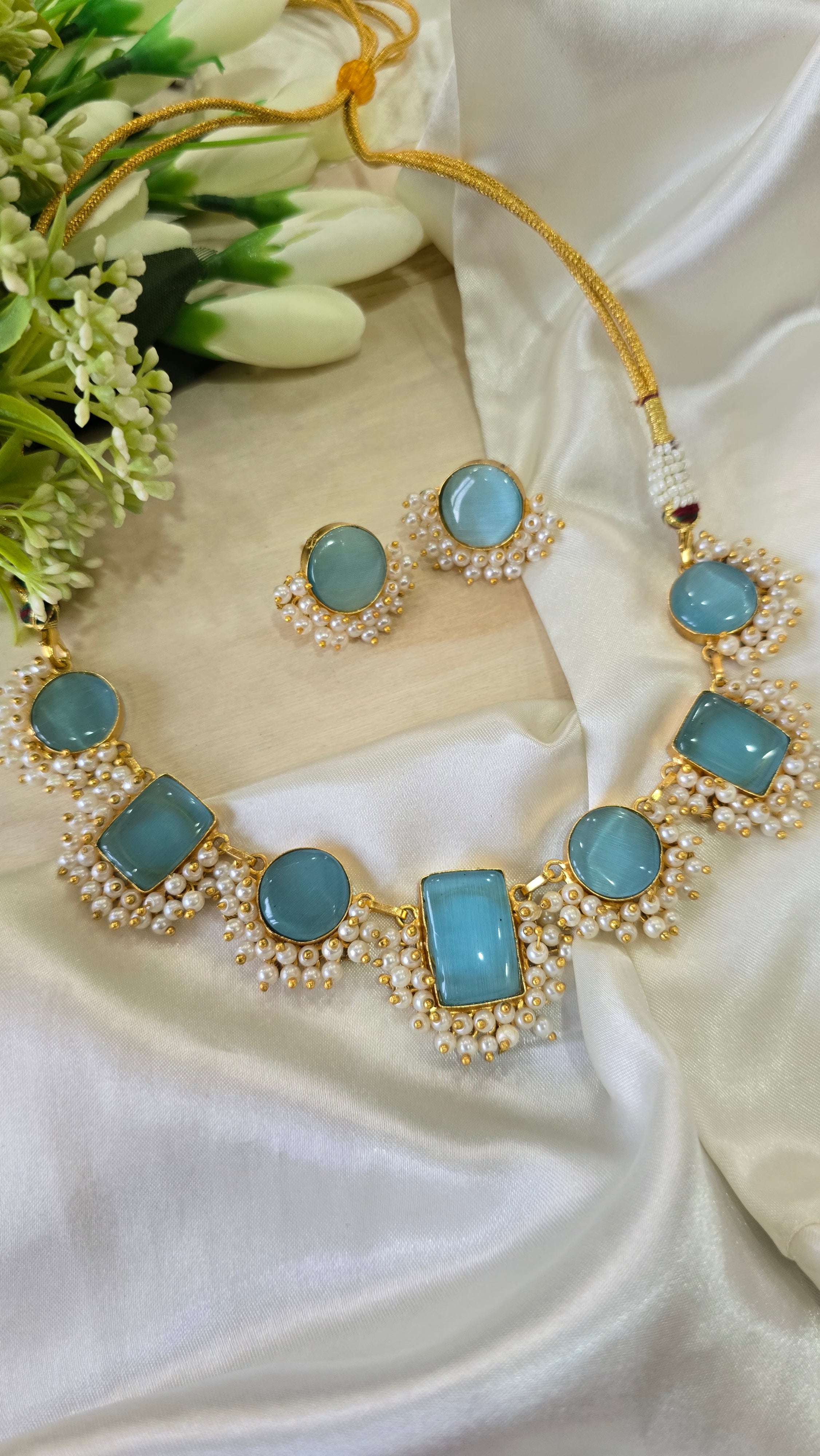 Pastel Blue Stone Necklace Set with Studs