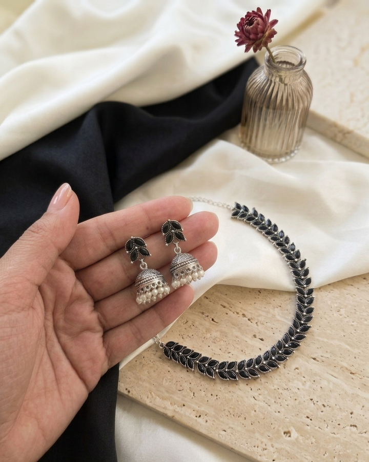 Oxidized Silver Black Leaf Choker Necklace Set with Jhumka Earrings