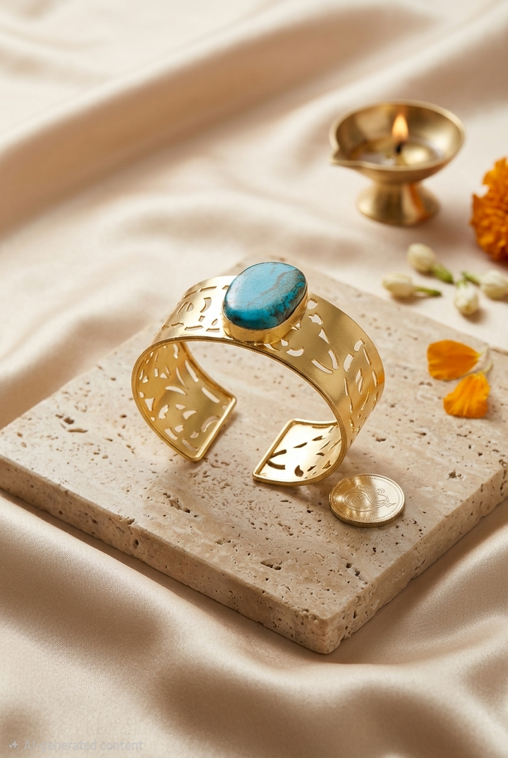 Boho-Chic Cutout Cuff Bracelet with Turquoise Stone
