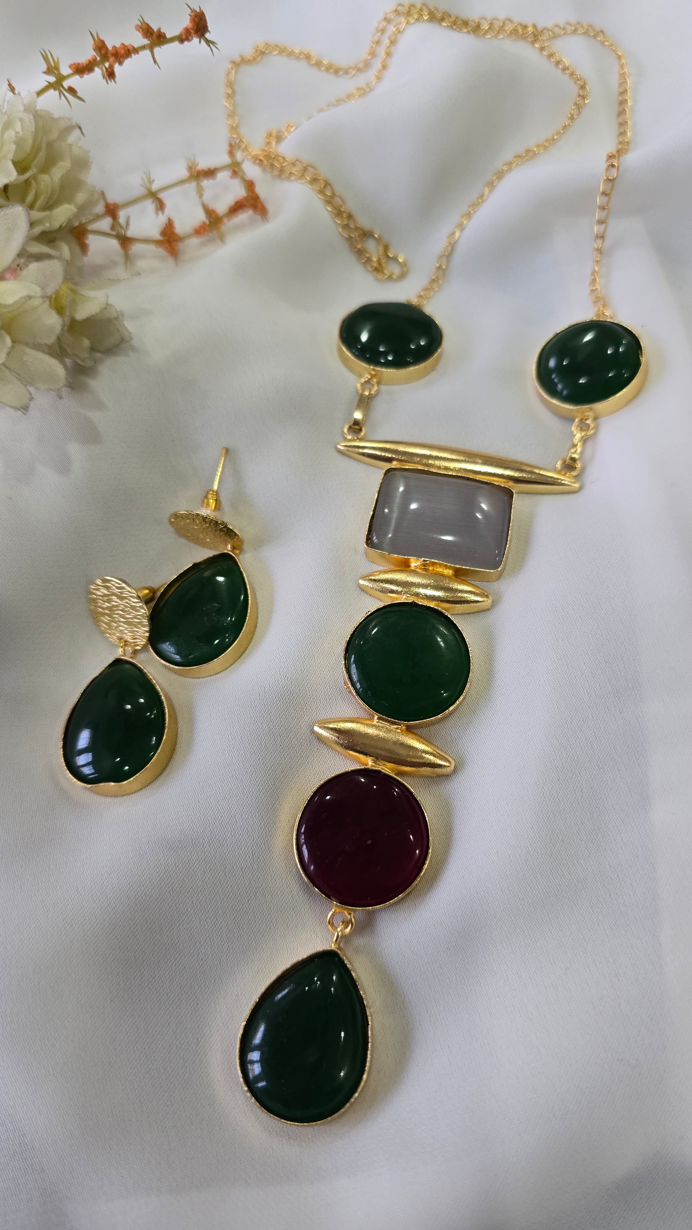Gold Finish Multicolor Geometric Stone Statement Necklace & Earrings Set