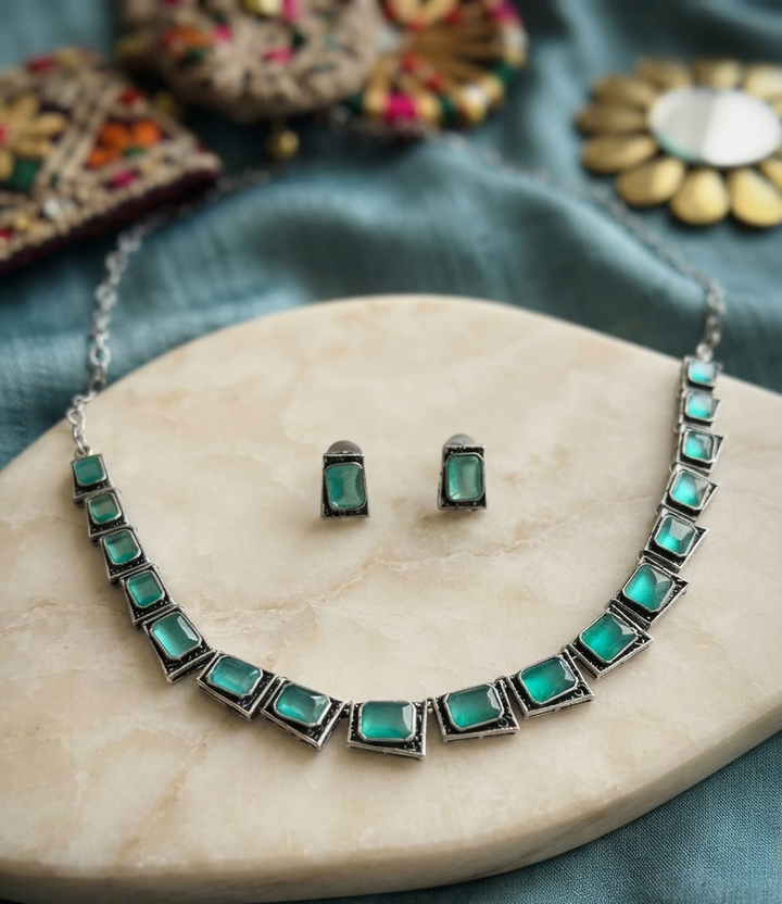 Regal Mint Oxidized Silver Choker Necklace and Earrings Set