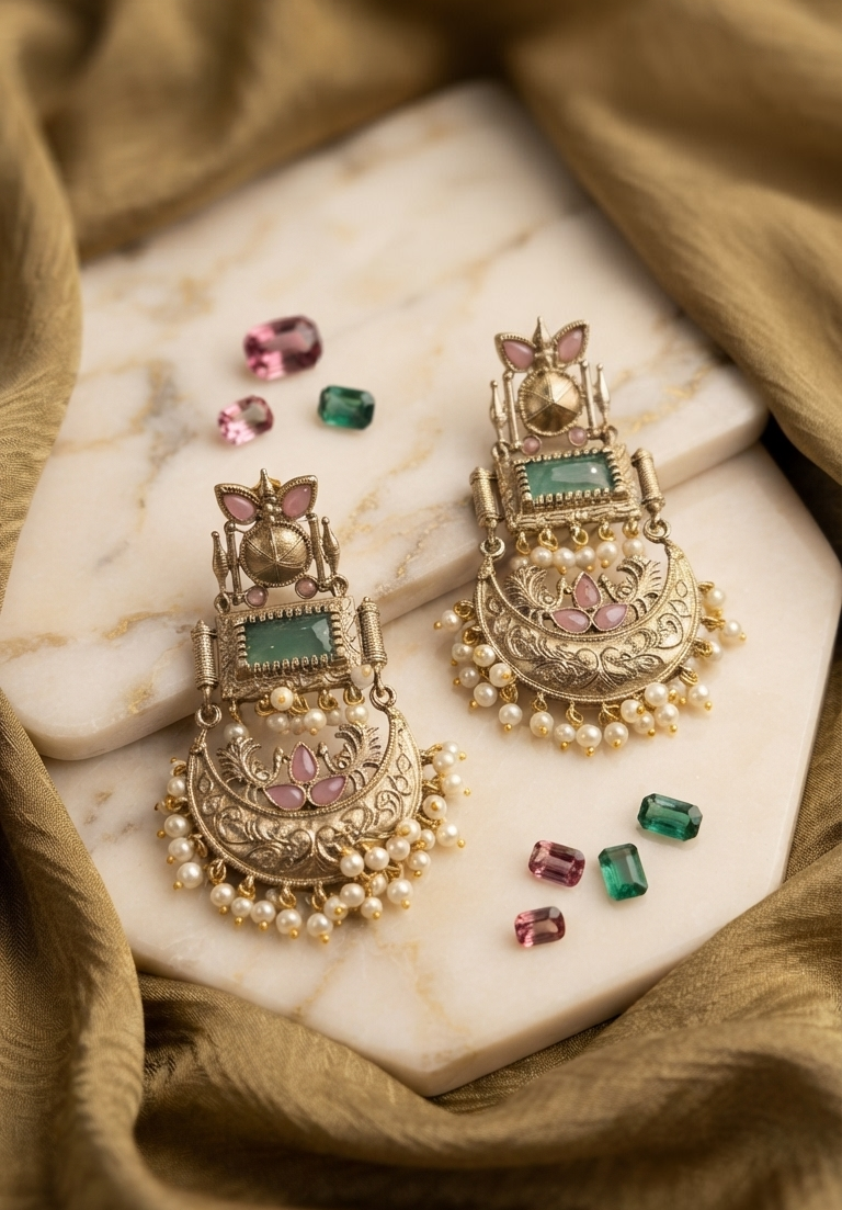 Traditional Gold-Plated Chandbali Earrings with Ruby Red Square Stones and Emerald Green Highlights